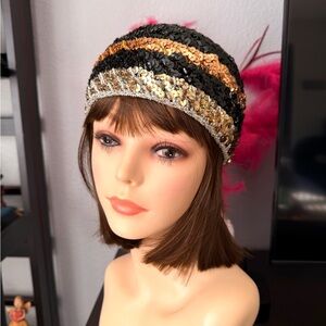 I.Magnin Sequin Striped Cap - Black, Gold, Silver